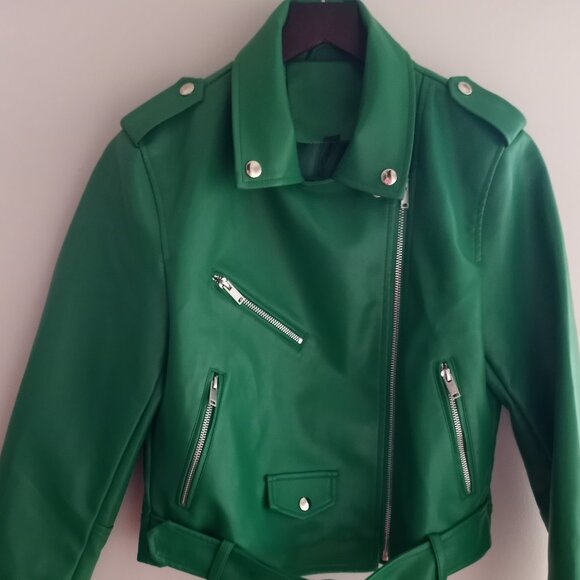 Faux Leather Cropped Moto Jacket Green Size L NWOT - Picture 1 of 16